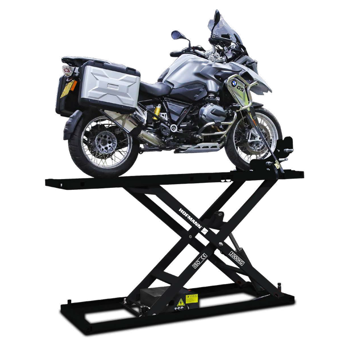 A BMW motorcycle on the Hofmann MCL-1000 motorcycle lift